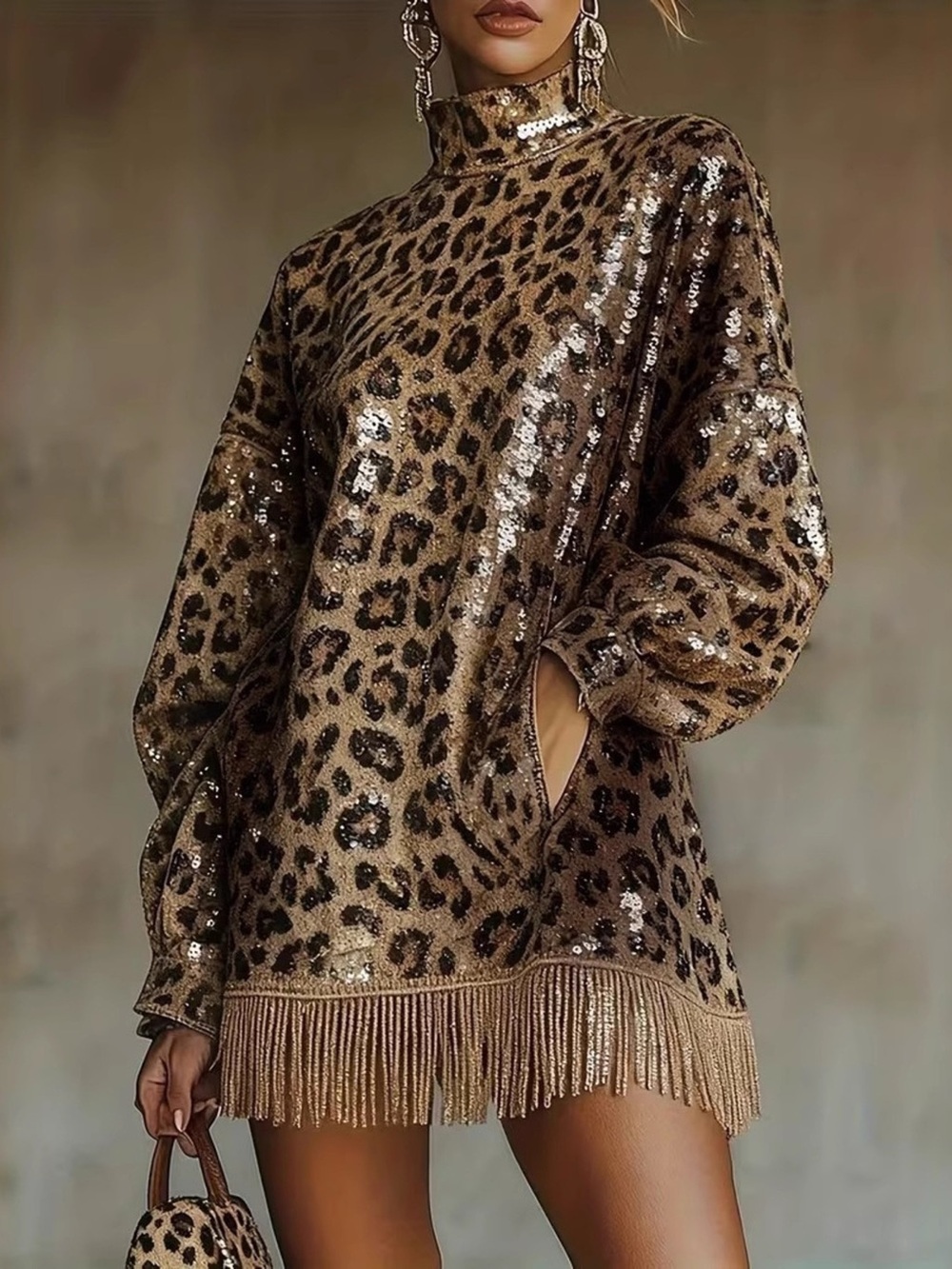 Full Size Leopard Sequin Mock Neck Fringe Hem Mini Dress Plus Size